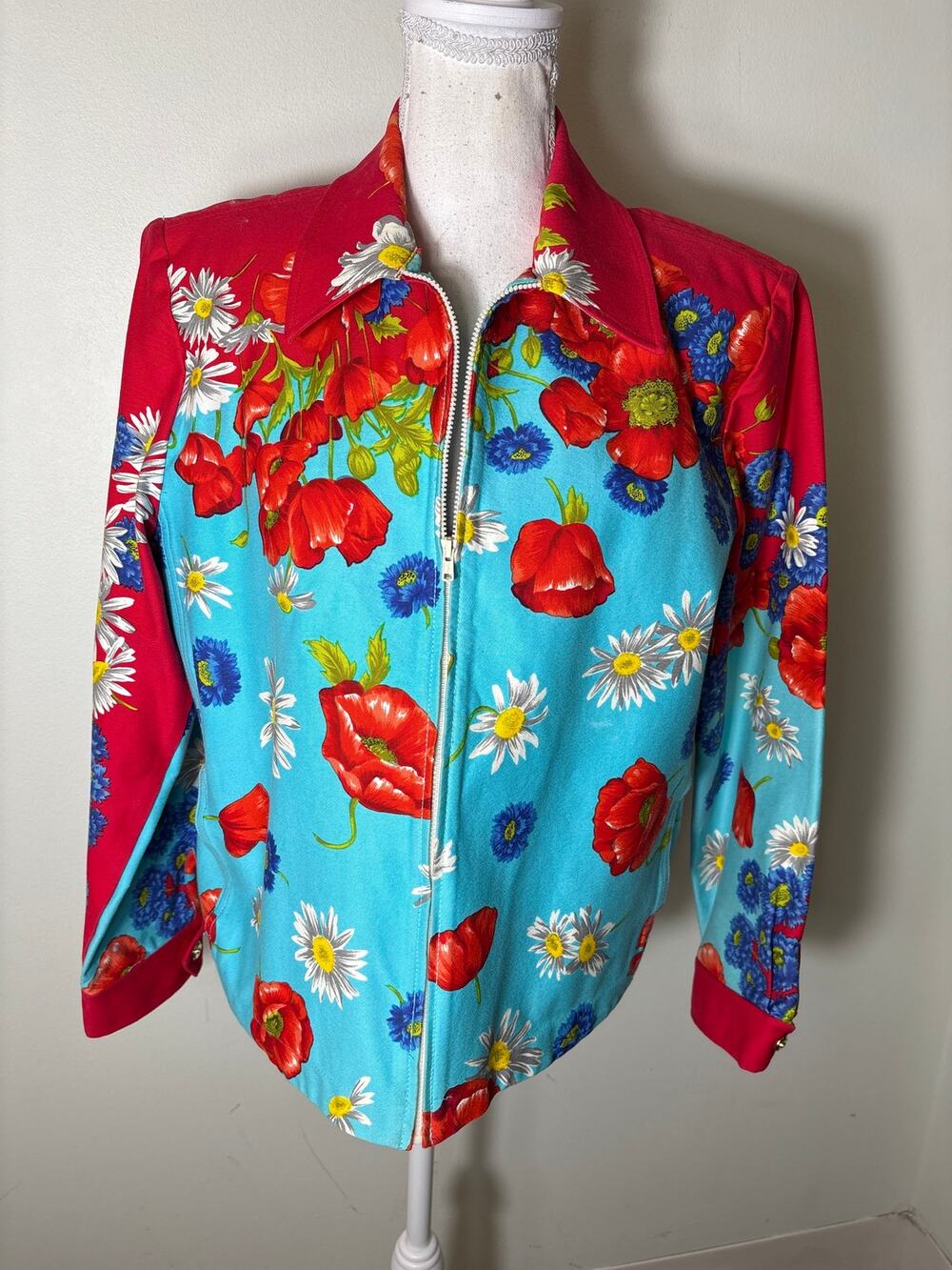 Vintage St. John Sport Teal Red Floral Long Sleeve Zip Up Jacket Sz M